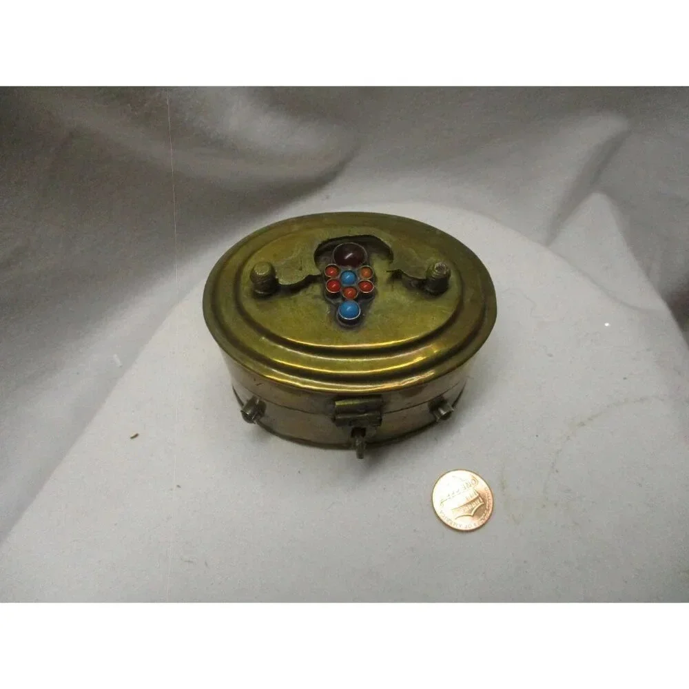 Oval Brass Box with Jewels, India, trinket box, Jewelry‎ box,
